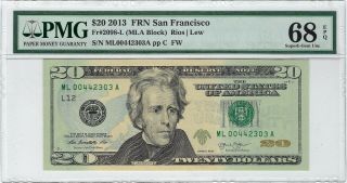 $20 2013 Frn San Francisco Fr 2098 - L (mla Block) Pmg 68 Epq