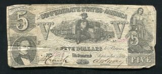T - 37 1861 $5 Five Dollars Csa Confederate States Of America Currency Note