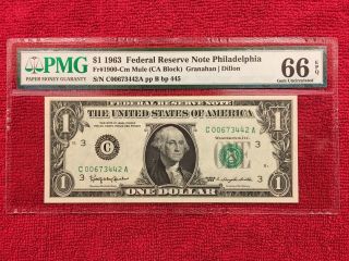 Fr 1900 - Cm Mule 1963 1 Dollar Federal Reserve Note (philadelphia) Pmg 66epq