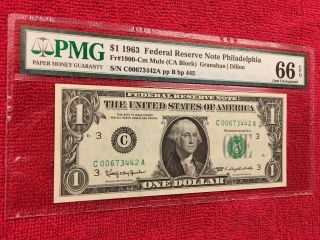 Fr 1900 - Cm Mule 1963 1 Dollar Federal Reserve Note (Philadelphia) PMG 66EPQ 3