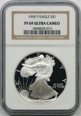 1995 - P Silver Eagle Dollar $1 Ngc Pf 69 Ultra Cameo 1 Oz Fine Silver