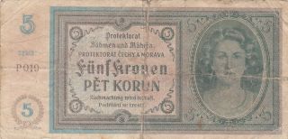 5 Korun Vg Banknote From Bohemia Moravia 1940 Pick - 4