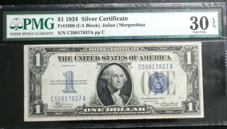 Fr.  1606 $1 1934 Blue Seal Funny Back Silver Certificate Pmg 30 Epq Very Fine