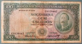 Mozambique 100 Escudos Issued 27.  03.  196,  P 109 A,  Watermark - Arms,  No Overprint