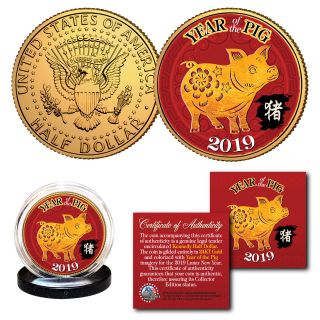 2019 Chinese Year Of The Pig 24k Gold Plated Jfk Kennedy Half Dollar Us Coin