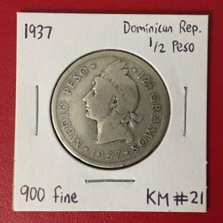 1937 Dominican Republic 1/2 Half Peso,  900 Fine Silver