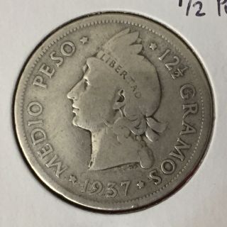 1937 Dominican Republic 1/2 Half Peso,  900 Fine Silver 3