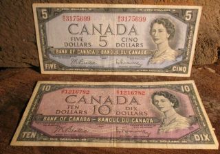 Canadian 10 &5 Dollar Bill Notes Circulated 1954 Ottawa Bank Of Canada
