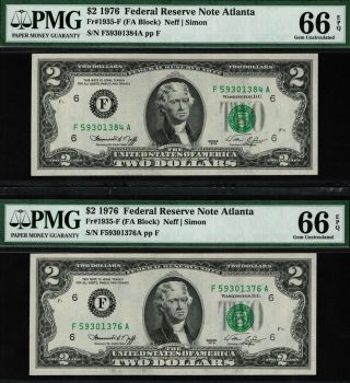 Tt Fr 1935 - F 1976 $2 Federal Reserve Note Atlanta Pmg 66 Epq Gem Unc Set Of Two