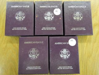 Set Of Five,  U.  S 1988 S American Eagle Silver Dollar Proof Coin