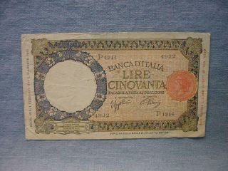 1944 Italy 50 Lire Banknote