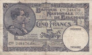 5 Francs Fine Banknote From Belgium 1927 Pick - 97