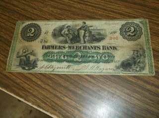 Farmers And Merchants Bank,  Greensborough Maryland Two Dollars 1862 Civil War