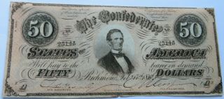 1864 A $50 Confederate States Of America Note,  Civil War Currency Bill (310913h)