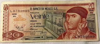 Mexico Mexican 64b Vg Old 1973 20 Pesos Banknote Paper Money Bill Note