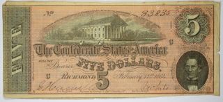 T - 69 $5 1864 Richmond Virginia Confederate States Of America