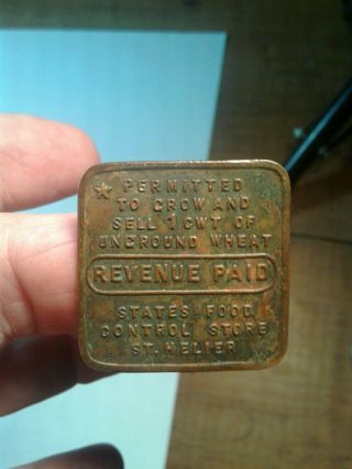 Revenue Paid States Food Tax For To Grow 1 Cwt Wheat St.  Helier Copper Tag Wwii