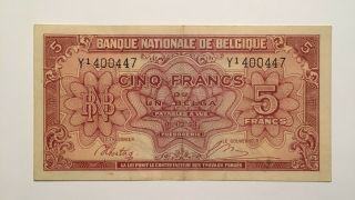 1944 Belgium 5 Francs Banknote,  Pick 121,  Au