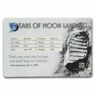 FIRST MAN ON THE MOON LANDING 2019 1 oz Pure Silver Proof Coin - Barbados 2