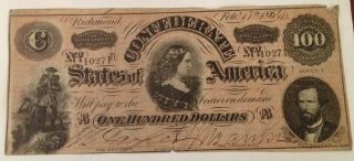 1864 Confederate Civil War Richmond Va $100 One Hundred Dollar Note