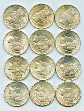 12 Uncirculated Peace Dollars - 90 Silver 1922 1922 - D 1923 1923 - S