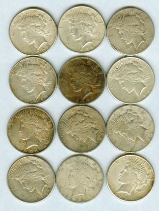 12 Peace Dollars - 90 Silver 1922 - S 1923 - D 1923 - S 1924 1925 1926 - S