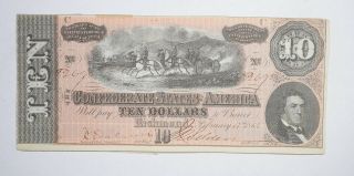 Civil War 1864 $10.  00 Confederate States Horse Blanket Note 757
