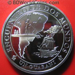 Paraguay 2002 One 1 Guarani Silver Proof Native In Canoe Early Sailing Ship Map