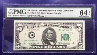 1969 A $5 Federal Reserve Note Frn Cleveland Cu Unc Pmg Choice 64 Epq
