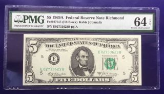 1969 A $5 Federal Reserve Note Frn Richmond Cu Unc Pmg Choice 64 Epq