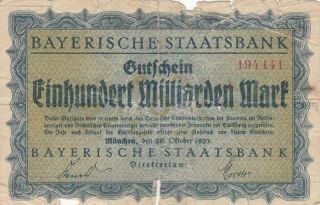 German Germany Banknote Notgeld 00 Milliard 100 Billion Mark - 1923 Middle Size