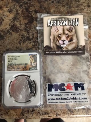2017 Republic Of Chad $5000 Francs 1 Oz Silver African Lion Ms70 - Early Release