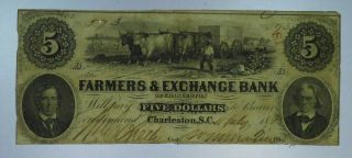 $5 Farmers Exchange Bank Of Charleston South Carolina Obsolete Currency Cu075/uh
