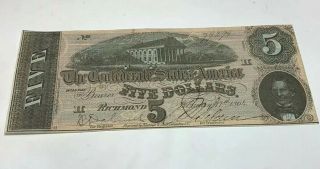1864 Five Dollar Confederate States Of America Note