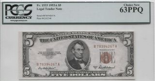 Fr 1933 1953a $5 Legal Tender Note Pcgs 63ppq