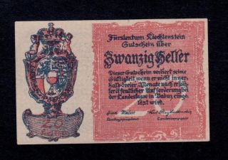 Liechtenstein 20 Heller 1920 Pick 2 Unc Less.