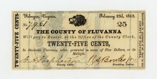 1863 25c The County Of Fluvanna - Palmyra,  Virginia Note Civil War Era Cu