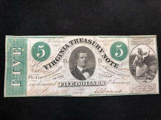 1862 Five Dollar $5 Virginia Treasury Note Civil War Era