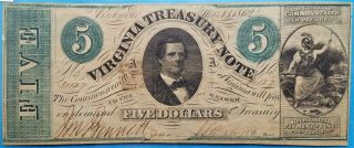 1862 $5 Virginia Treasury Five Dollar Note Crisp Xf / Au