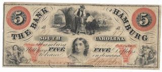 Prewar Hamburg Bank Of South Carolina $5.  00 Note July 21 1860 Very Good