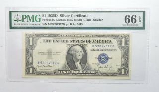 $1 1935 - D Silver Certificate Pmg 66 Epq Gem Fr 1613n Narrow (mg Block) 049