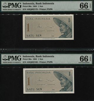 Tt Pk 90a 1964 Indonesia Bank Indonesia 1 Sen Pmg 66 Epq Gem Seq Set Of Two
