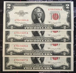 (4) 1953 U.  S.  $2 Red Two Dollar Sequential Notes / (4 In All)
