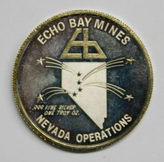 Scarce 1988 Echo Bay Mines Gold Gilded Proof 1 Troy Oz.  999 Fine Silver Round
