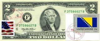 $2 Dollars 1995 Stamp Cancel Flag Of Un From Bosnia - Herzegovina Value $112.  50