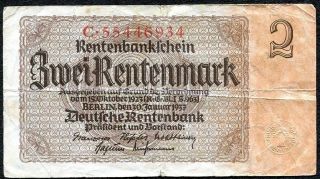 World Currency,  Germany,  2 Rentenmark - Berlin,  30.  Jan.  1937 - Vg