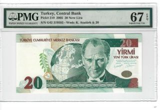 P - 219 2005 20 Lira,  Turkey Central Bank,  Pmg 67epq Gem