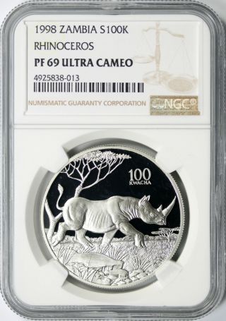 1998 Zambia Silver 100 Kwacha Ngc Pf69 Ultra Cameo Ucam Rhinoceros