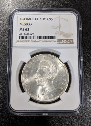1943 Mo Ms63 Ecuador Silver 5 Sucres Cinco Mexico Ngc Km 79 Unc