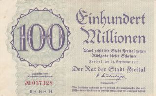 100 Millionen Mark Extra Fine Banknote From Germany/freital 1923